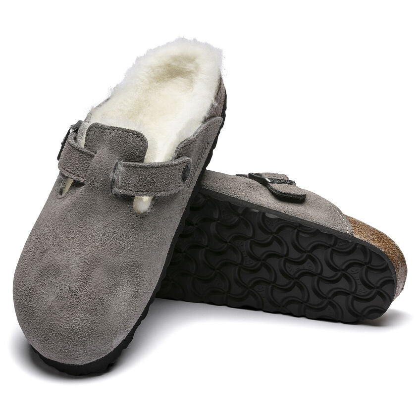 Birkenstock Boston Shearling Suede Leather Clog in Stone Coin  Women's Footwear