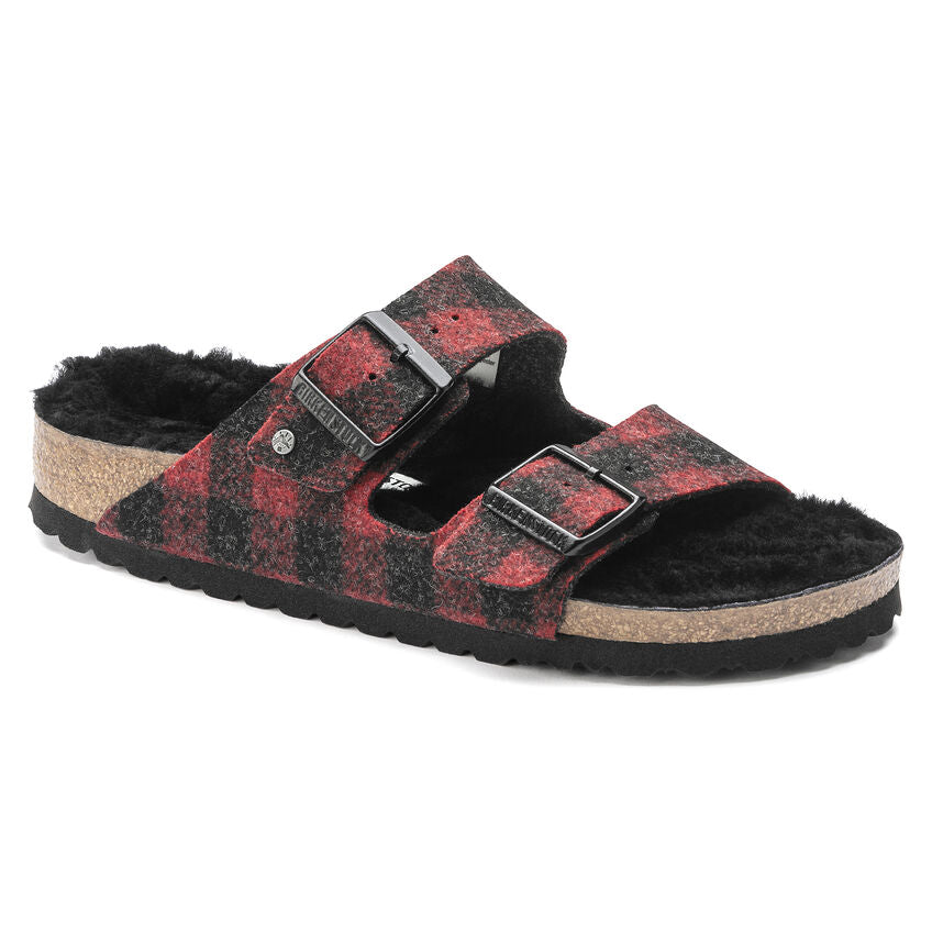 Birkenstock Arizona Shearling Wool Sandal in Plaid Red  Women's Footwear