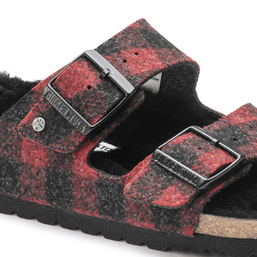 Birkenstock Arizona Shearling Wool Sandal in Plaid Red  Women's Footwear