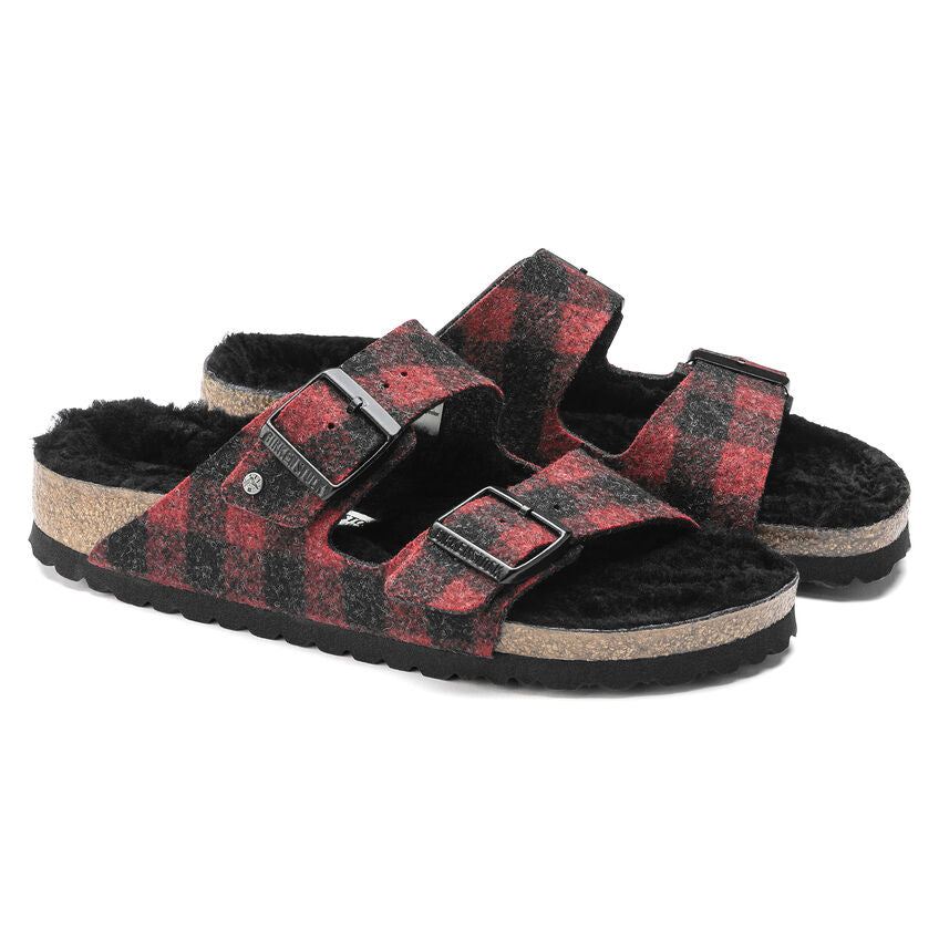 Birkenstock Arizona Shearling Wool Sandal in Plaid Red  Women's Footwear