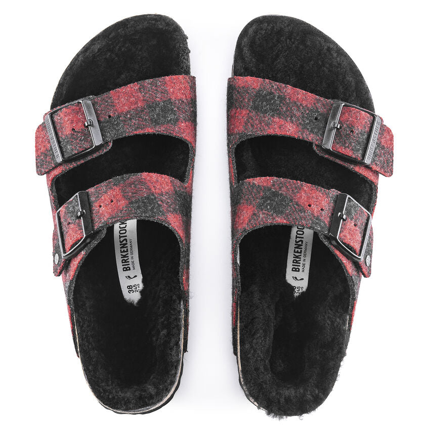 Birkenstock Arizona Shearling Wool Sandal in Plaid Red  Women's Footwear