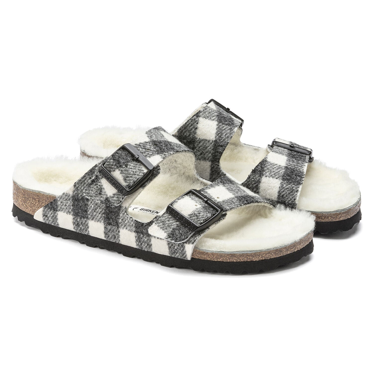 Birkenstock Arizona Shearling Wool Sandal in Plaid White  Women's Footwear