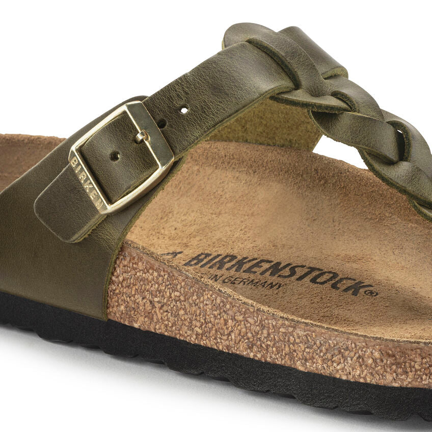 Birkenstock Women's Gizeh Braided Oiled Leather in Olive Green Footprint USA