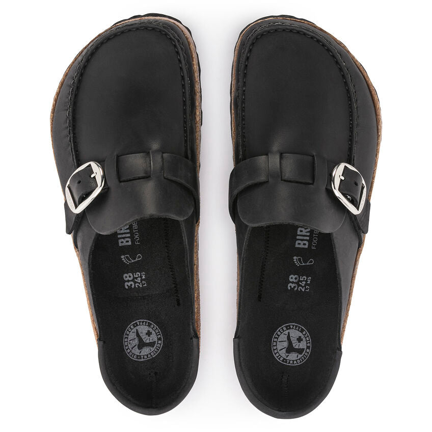 Birkenstock Buckley Oiled Leather Clog in Black  Women's Footwear