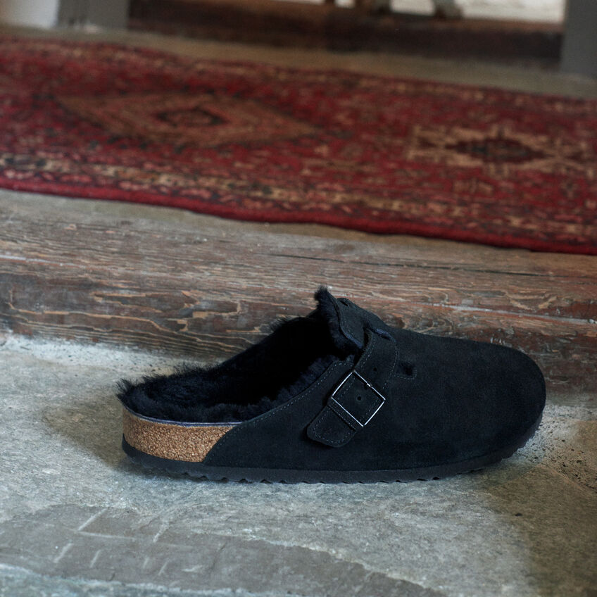 Birkenstock Boston Shearling Suede in Black  Women's Footwear