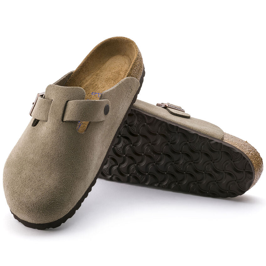 Birkenstock Boston Suede Leather Soft Footbed Clog in Taupe  Unisex Footwear