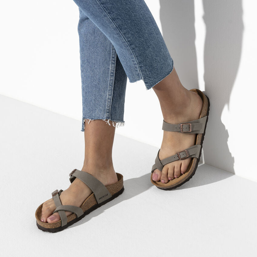 Birkenstock Mayari Birkibuc Classic Footbed Sandal in Stone  Women's Footwear
