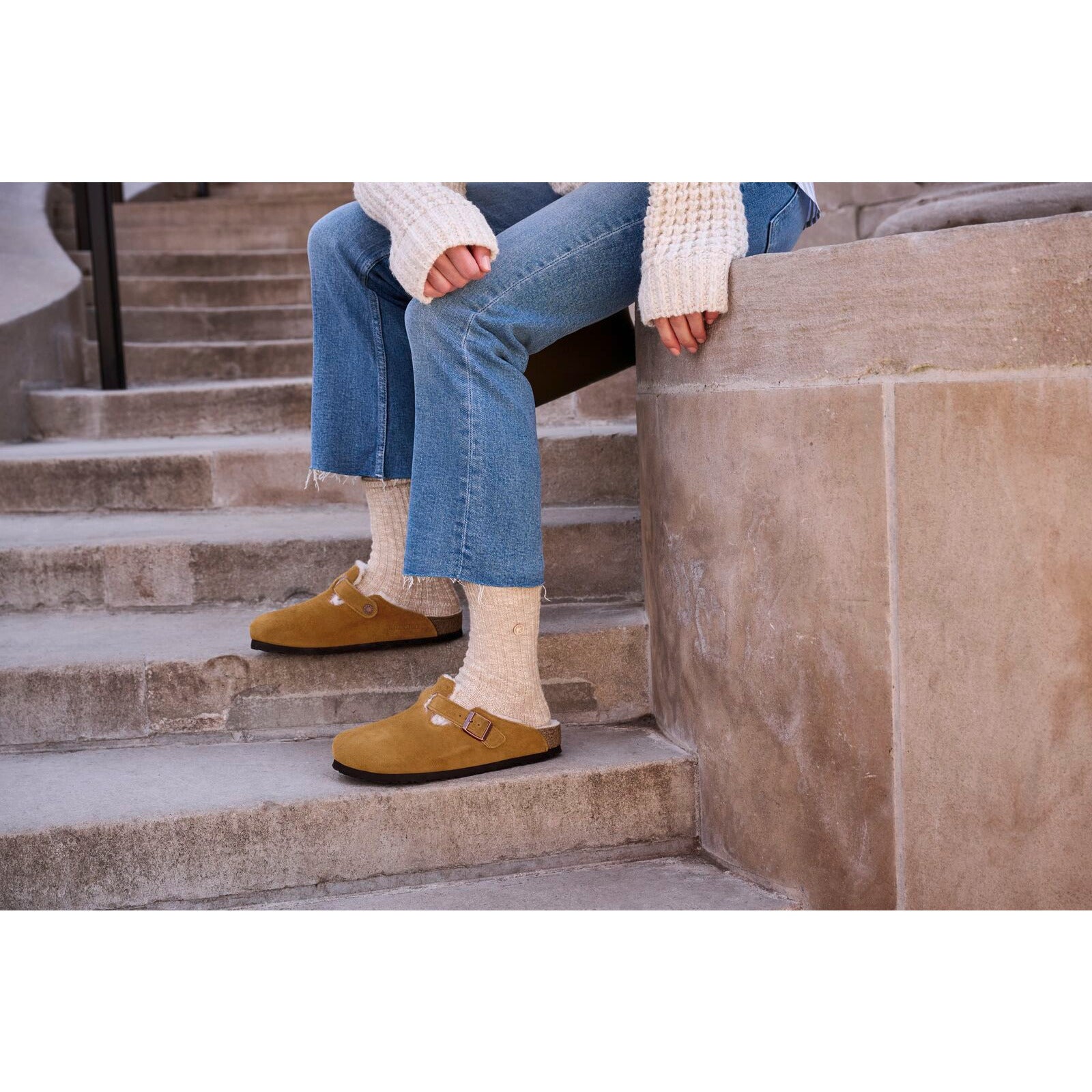 Birkenstock Boston Shearling Suede Leather Clog in Mink  Women's Footwear