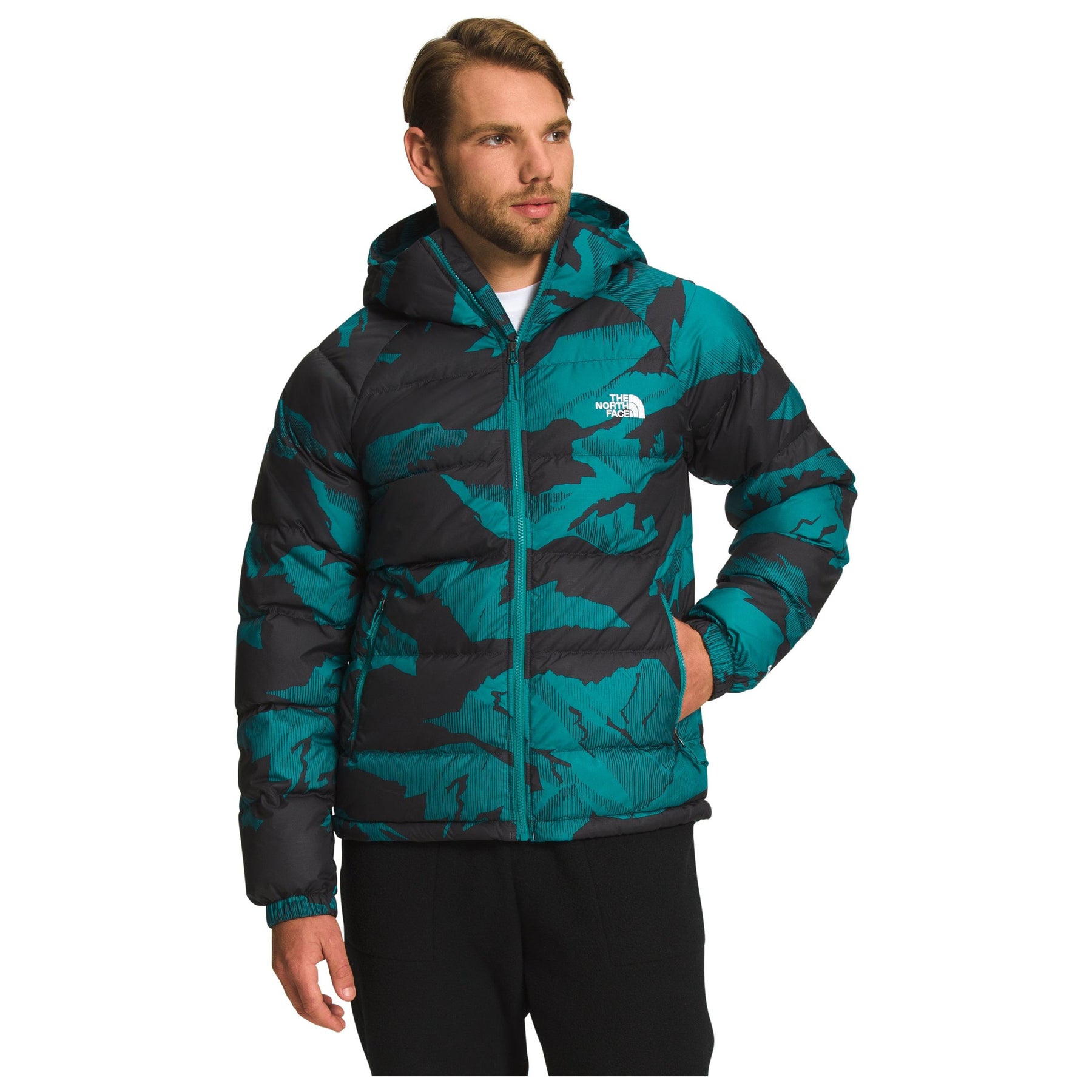 The North Face Men's Printed Hydrenalite Down Hoodie in Harbor 