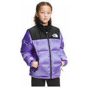 The North Face Youth Printed 1996 Retro Nuptse in Sweet Violet Metallic TNF Black