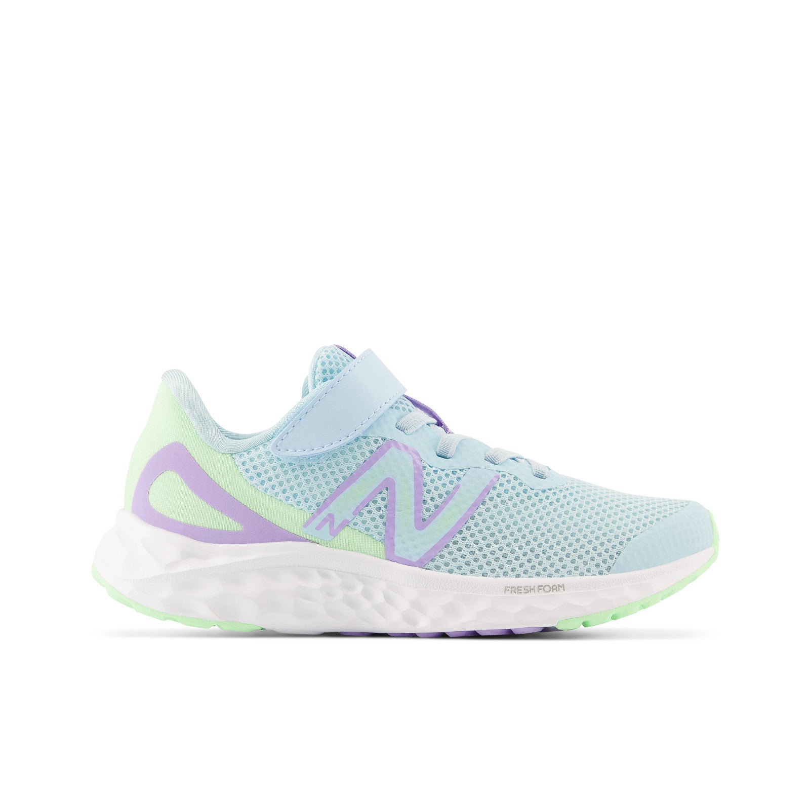 New Balance Kid's Fresh Foam Arishi v4 Bungee Lace with Top Strap in Blue with Green Aura and Lilac Glo  Kid's Footwear