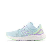 New Balance Kid's Fresh Foam Arishi v4 Bungee Lace with Top Strap in Blue with Green Aura and Lilac Glo  Kid's Footwear