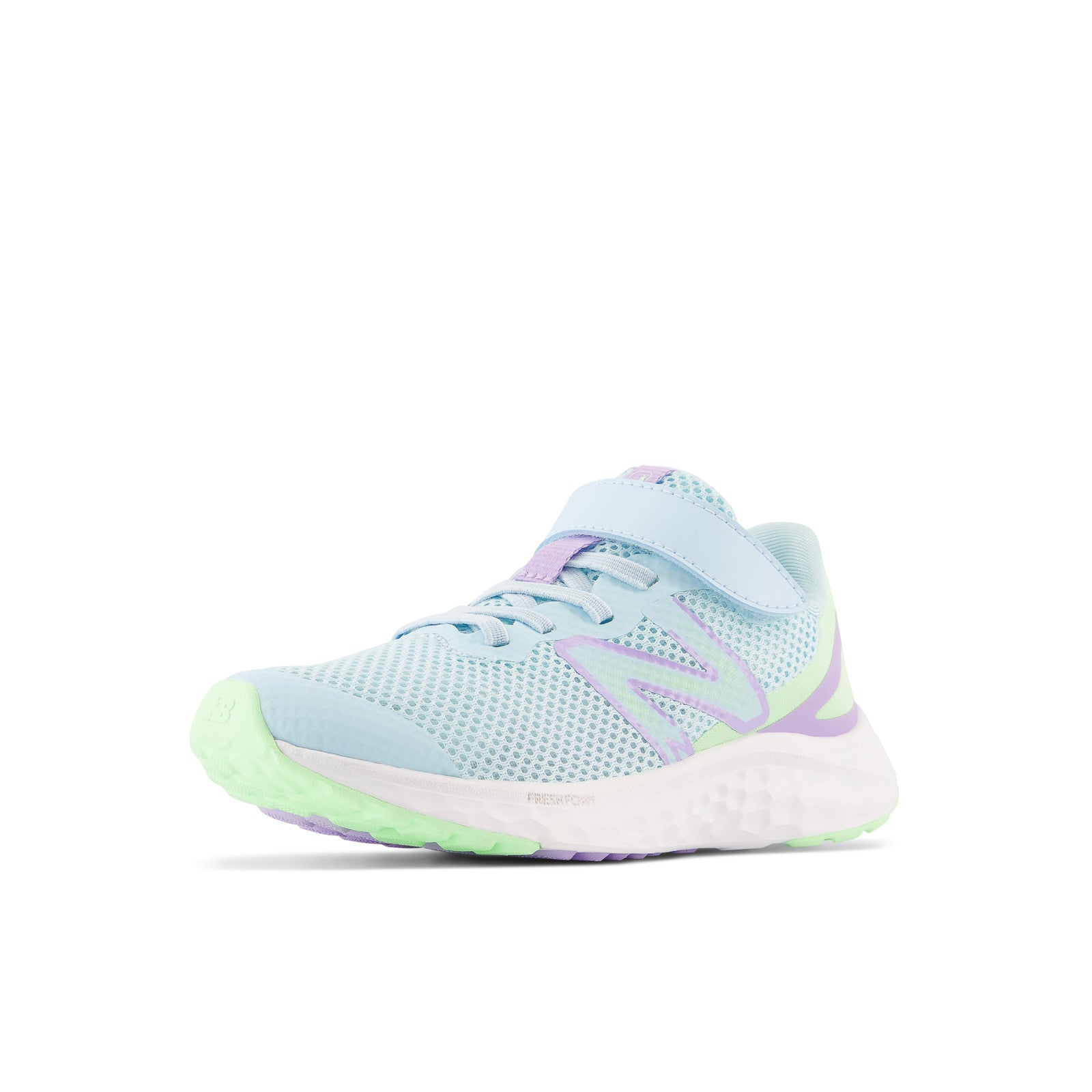 New Balance Kid's Fresh Foam Arishi v4 Bungee Lace with Top Strap in Blue with Green Aura and Lilac Glo  Kid's Footwear