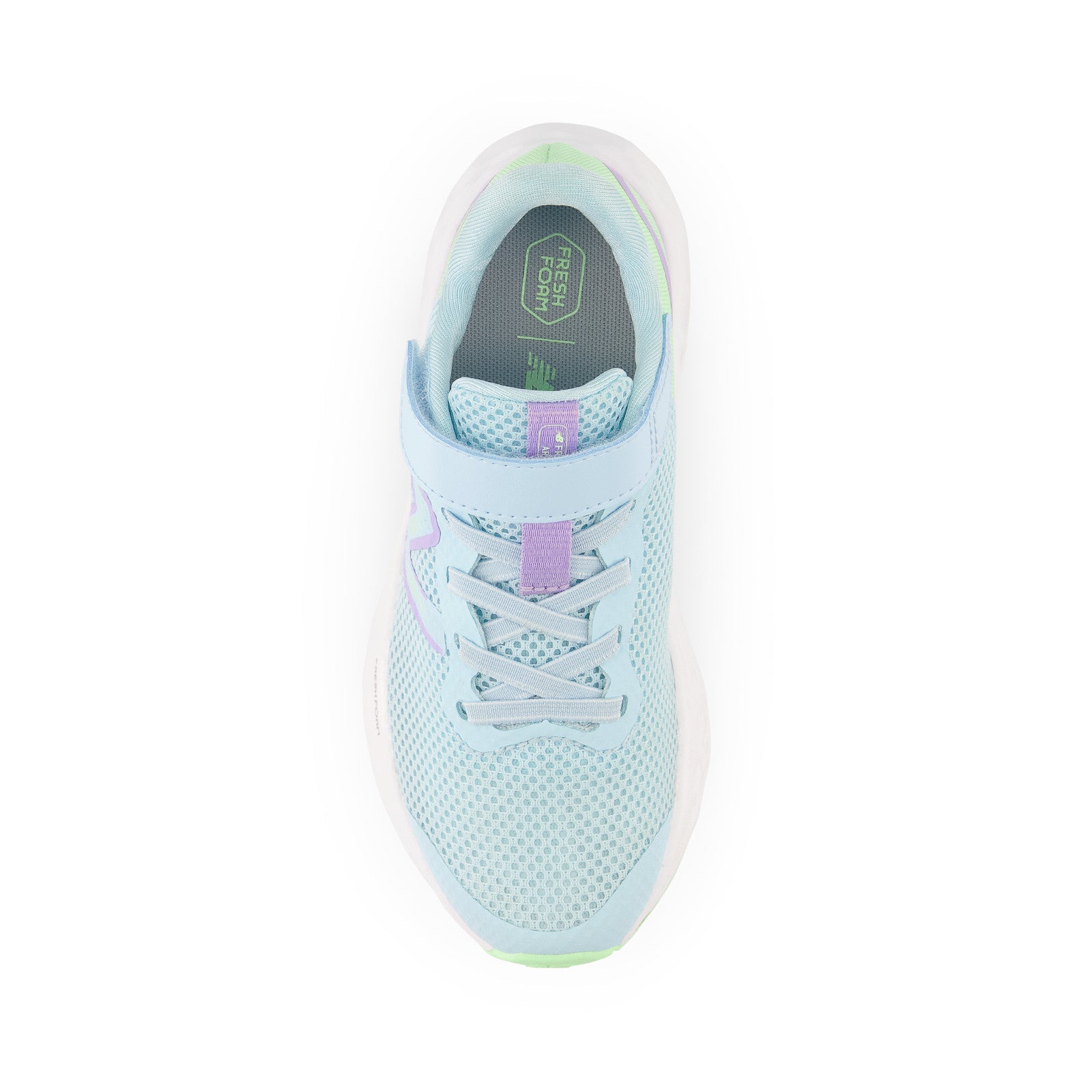 New Balance Kid's Fresh Foam Arishi v4 Bungee Lace with Top Strap in Blue with Green Aura and Lilac Glo  Kid's Footwear