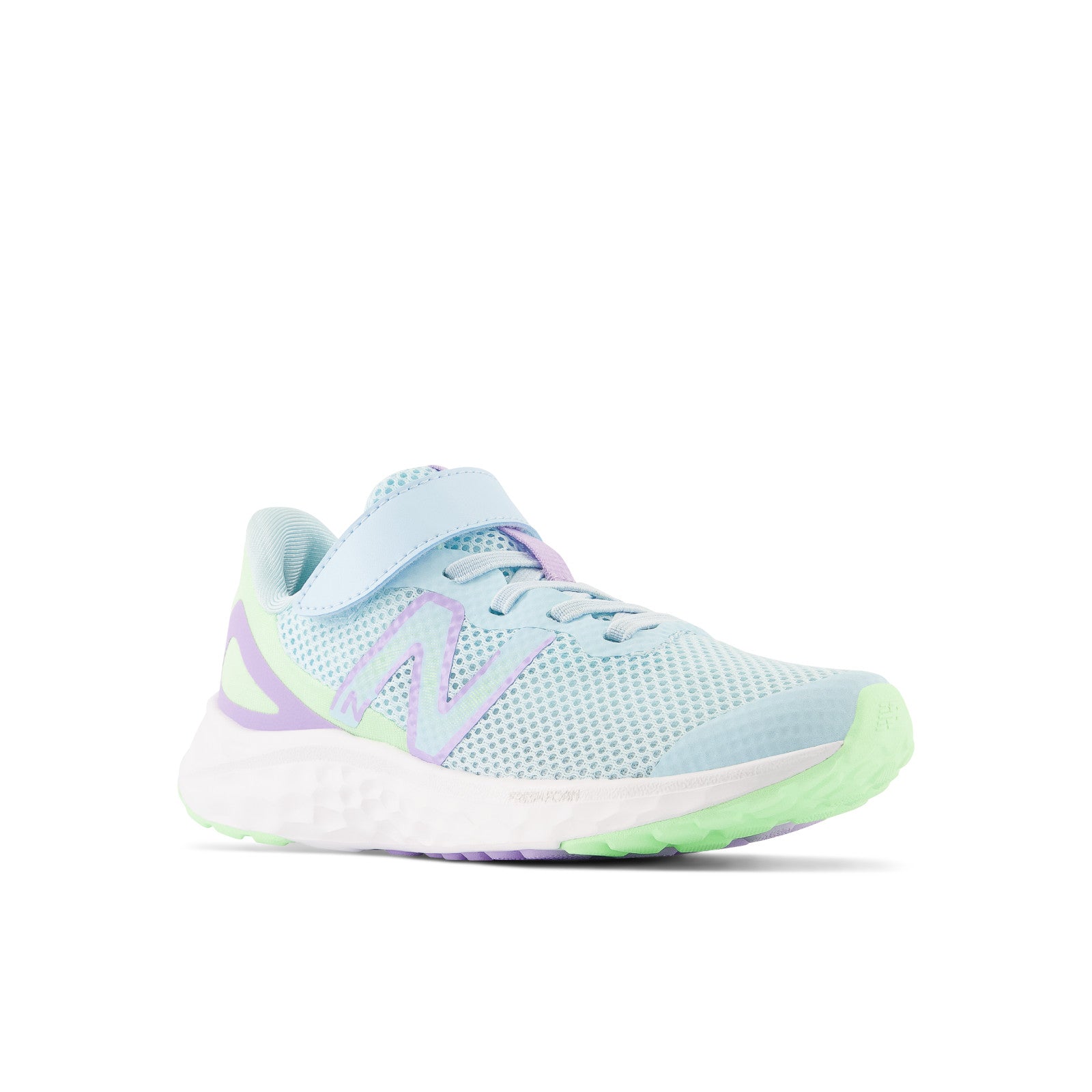 New Balance Kid's Fresh Foam Arishi v4 Bungee Lace with Top Strap in Blue with Green Aura and Lilac Glo  Kid's Footwear