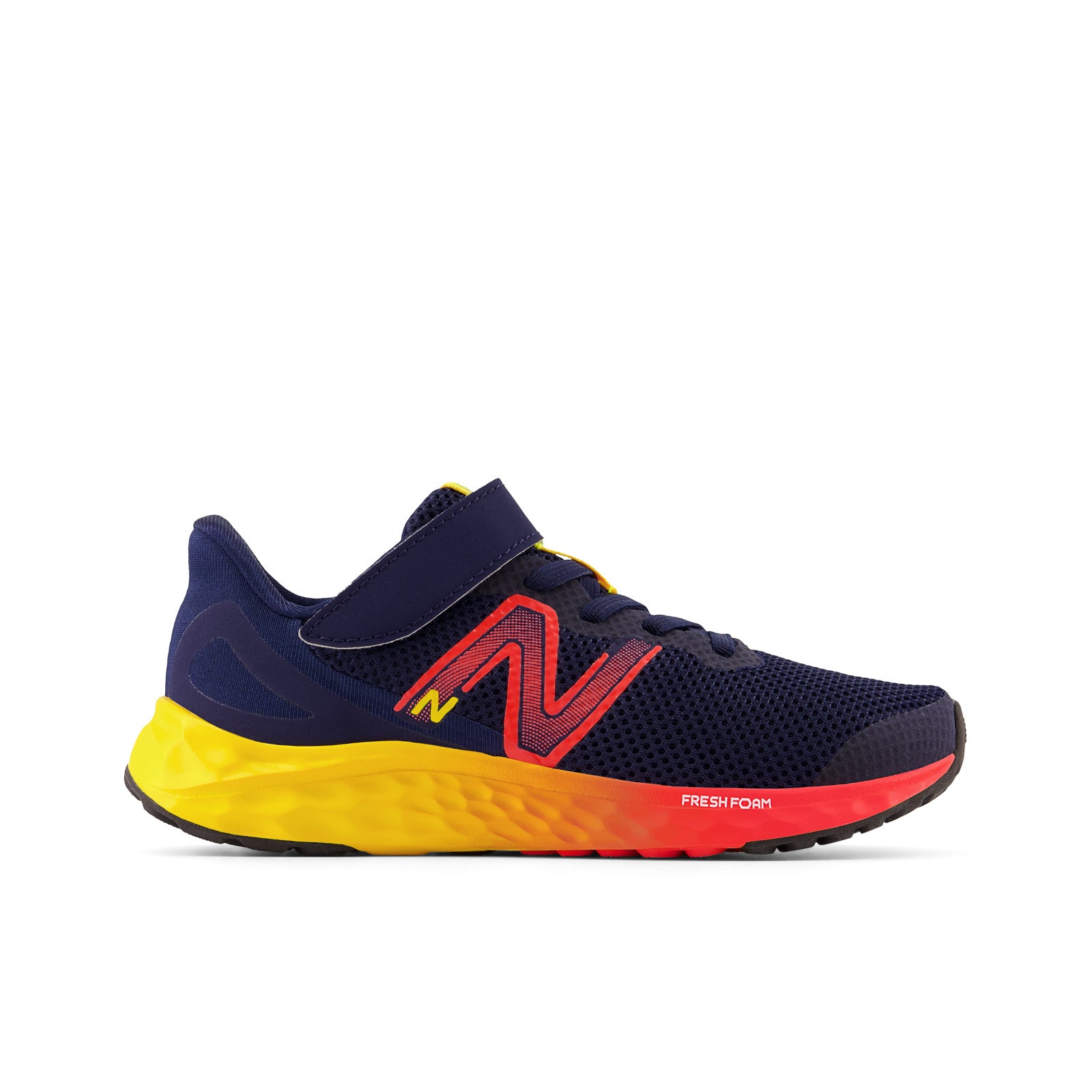 New Balance Kid's Fresh Foam Arishi V4 Bungee Lace with Top Strap in Team Navy with Electric Red and Egg Yolk  Kid