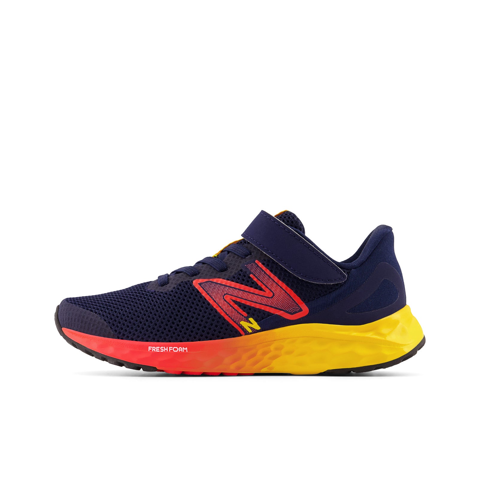 New Balance Kid's Fresh Foam Arishi V4 Bungee Lace with Top Strap in Team Navy with Electric Red and Egg Yolk  Kid