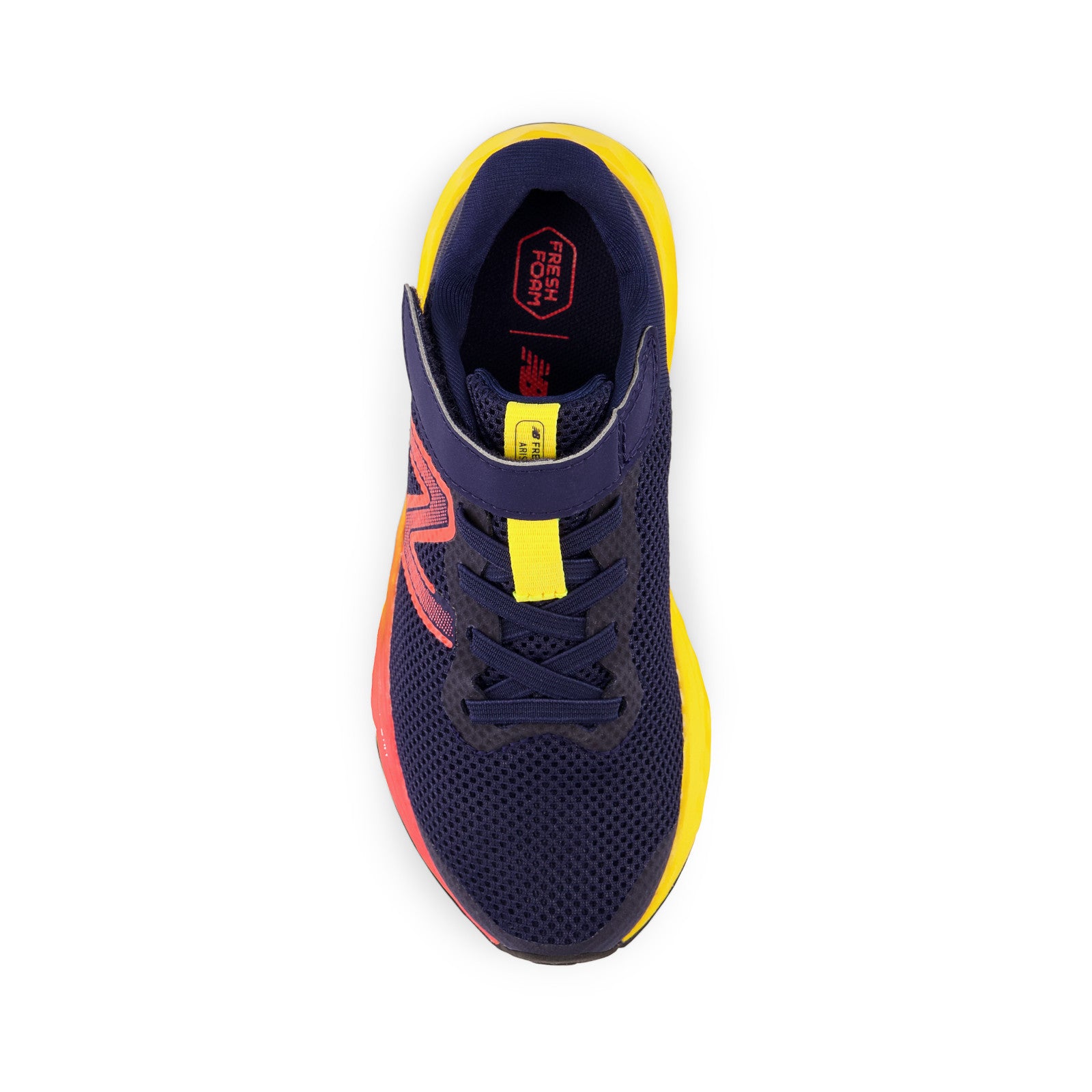 New Balance Kid's Fresh Foam Arishi V4 Bungee Lace with Top Strap in Team Navy with Electric Red and Egg Yolk  Kid