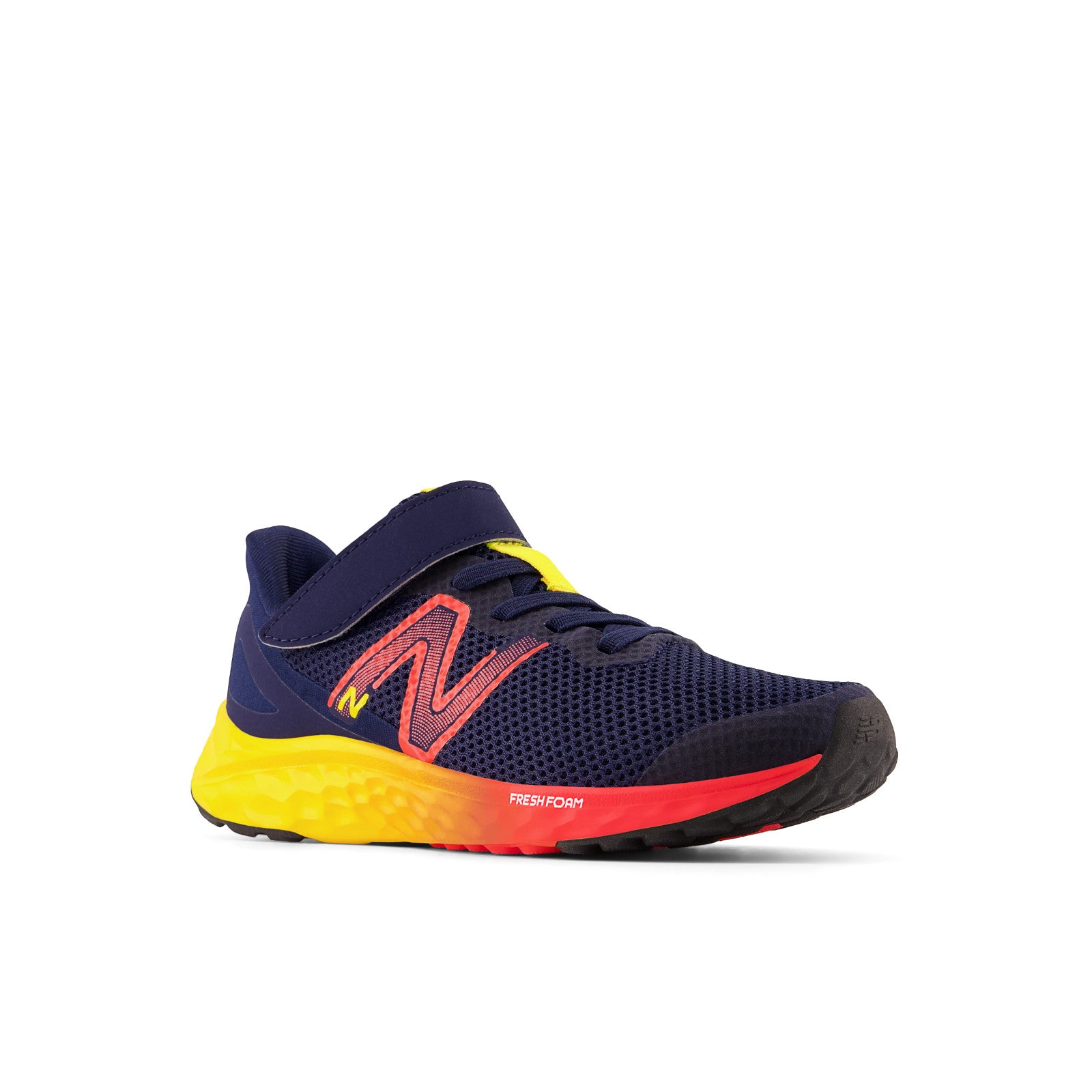 New Balance Kid's Fresh Foam Arishi V4 Bungee Lace with Top Strap in Team Navy with Electric Red and Egg Yolk  Kid